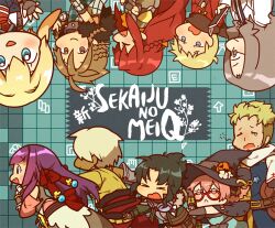  >_< 4girls 6+boys :< anpolly aqua_eyes arianna_caledonia armor arthur_charles bertrand_de_gervaise black_scarf blonde_hair blue_eyes brown_hair chibi chibi_only chloe_(sekaiju) closed_eyes closed_mouth commentary_request copyright_name detached_sleeves fafnir_no_kishi_(sekaiju) fingerless_gloves flavio flavio_(sekaiju) frederica_irving glasses gloves green_hair grey_eyes hair_between_eyes hat highlander_(sekaiju) long_hair looking_at_viewer medium_hair multiple_boys multiple_girls open_mouth pink_sleeves plaid_clothes ponytail profile purple_hair raquna_sheldon red-framed_eyewear red_hair scarf sekaiju_no_meikyuu shin_sekaiju_no_meikyuu shin_sekaiju_no_meikyuu_2 short_hair short_ponytail simon_yorke smile tearing_up teeth upper_teeth_only violet_eyes white_hair witch_hat 