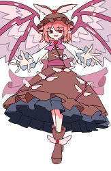  1girl animal_ears back_bow bird_ears bird_wings boots bow bowtie brown_boots brown_dress brown_hat commentary_request dress e.o. full_body hat highres long_sleeves medium_hair mystia_lorelei pinafore_dress pink_hair pointy_ears purple_bow purple_bowtie red_eyes shirt simple_background sleeveless sleeveless_dress solo touhou white_background white_boots white_shirt winged_hat wings 
