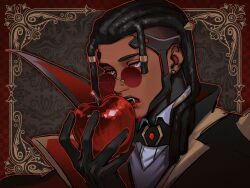  1boy apple black_gloves black_hair blood blood_from_mouth border chinese_commentary commentary_request dark-skinned_male dark_skin doctrine_(overwatch) dreadlocks earrings fangs food fruit glasses gloves grey_background hido_hany holding holding_food holding_fruit jewelry long_hair looking_ahead male_focus ornate_border outline overwatch pince-nez red-tinted_eyewear red_outline round_eyewear simple_background solo tinted_eyewear upper_body vampire yellow_eyes 