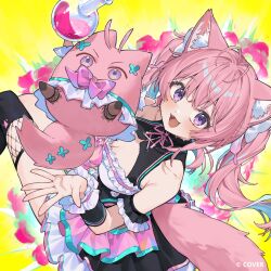  1girl :d animal_ears arm_garter black_dress black_thighhighs breasts commentary_request dress explosion explosion_background fishnet_thighhighs fishnets frilled_dress frills hair_between_eyes hakui_koyori halter_dress halterneck highres hololive large_breasts long_hair looking_at_viewer official_art open_mouth pink_hair short_dress single_thighhigh smile solo tail thigh-highs tsukino_(nakajimaseiki) twintails violet_eyes virtual_youtuber wolf_ears wolf_girl wolf_tail wrist_cuffs yellow_background 