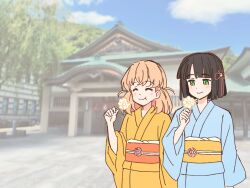  2girls :3 :t ^_^ black_hair blue_kimono blunt_bangs blunt_ends blurry blurry_background blush bob_cut cerise_bouquet closed_eyes closed_mouth commentary_request day eating flower flower-shaped_food flower_knot food food_bite hair_flower hair_ornament highres hinoshita_kaho holding holding_food japanese_clothes kimono love_live! love_live!_hasu_no_sora_jogakuin_school_idol_club medium_hair momose_ginko multiple_girls nogreen obi obiage obijime orange_eyes orange_hair orange_sash outdoors rabbit_hair_ornament sash short_hair shrine smile two_side_up virtual_youtuber white_flower yellow_kimono yellow_sash yukata 