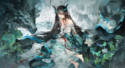  1girl absurdres arknights bare_shoulders barefoot black_hair chinese_clothes chinese_commentary colored_extremities commentary_request commission dragon dragon_girl dragon_horns dress dusk_(arknights) dusk_(hazy_jade)_(arknights) eastern_dragon_horns flower full_body green_dress hair_over_one_eye hanfu highres holding holding_paintbrush horns leaf long_hair long_sleeves looking_at_viewer lying official_alternate_costume on_side outdoors paintbrush pointy_ears qingjiao_bu_hua_hua red_eyes scroll sitting solo white_flower 