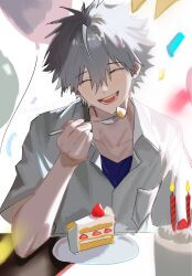  1boy balloon birthday_cake blue_shirt breast_pocket cake cake_slice candle closed_eyes collared_shirt commentary confetti elbow_on_table english_commentary fire food fork fruit hair_between_eyes heavensent17th highres holding holding_fork male_focus nagisa_kaworu neon_genesis_evangelion open_mouth plate pocket shirt short_hair sketch smile solo strawberry strawberry_shortcake teeth very_short_hair white_background white_hair white_shirt wing_collar 