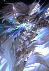  1other absurdres ambiguous_gender blue_background cape closed_mouth collarbone commentary cowboy_shot floating_hair glowing glowing_sword glowing_weapon grey_cape grey_hair hand_up highres holding holding_sword holding_weapon long_hair mevos pyrois_(zenless_zone_zero) sword torn_cape torn_clothes untranslatable_commentary weapon zenless_zone_zero 