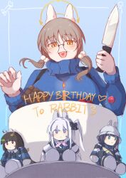  1girl absurdres animal_ears birthday_cake blue_archive blue_background blue_sweater breasts brown_hair cake candle character_doll commentary doll english_text fake_animal_ears fang food halo happy_birthday heart heart_in_mouth highres holding holding_knife knife large_breasts long_hair long_sleeves miyako_(blue_archive) miyu_(blue_archive) moe_(blue_archive) open_mouth rabbit_ears round_eyewear saki_(blue_archive) simple_background solo sweater tomori_yukari turtleneck turtleneck_sweater twintails untranslatable_commentary upper_body yellow_eyes yellow_halo 