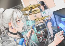  2girls awa_subaru barbell_piercing black_choker black_hair choker commentary_request drum drum_set ear_piercing electric_guitar girls_band_cry grey_hair grey_hoodie grey_skirt guitar hood hood_down hoodie industrial_piercing instrument kawaragi_momoka medium_hair mouth_hold multiple_girls noir_(nowaru) piercing plaid_clothes plaid_skirt playing_drums playing_instrument plectrum plectrum_in_mouth ponytail shirt skirt three-quarter_sleeves white_shirt 