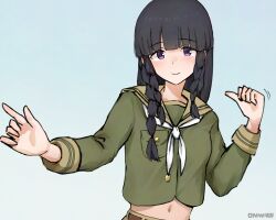  1girl artist_name black_hair blunt_bangs braid braided_sidelocks commentary_request green_sailor_collar green_serafuku hair_down kantai_collection kitakami_(kancolle) kitakami_kai_san_(kancolle) mani_oniniku navel neckerchief sailor_collar school_uniform serafuku sidelocks smile solo twin_braids upper_body violet_eyes white_neckerchief 
