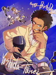  1girl 4boys ansatsu_kyoushitsu balloon birthday_cake black_hair blonde_hair blue_background brown_hair cake character_name collared_shirt commentary_request food gift grey_pants grey_skirt happy_birthday hazama_kirara headband helmet highres holding holding_balloon holding_gift holding_party_popper holding_unworn_helmet horibe_itona korean_commentary kunugigaoka_middle_school_uniform m_uramatsu_takuya mixed-language_commentary motor_vehicle motorcycle motorcycle_helmet multiple_boys muramatsu_takuya on_motorcycle pants party_popper school_uniform shirt skirt solo_focus terasaka_ryouma tongue tongue_out unworn_headwear unworn_helmet white_hair white_shirt yoshida_taisei 