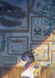  1girl absurdres backpack bag blush_stickers brown_eyes brown_hair bug butterfly closed_mouth commentary_request dinosaur_skull fish highres holding_strap kokamakiri leaf museum original pink_shirt shirt short_hair short_sleeves solo striped_clothes striped_shirt white_shirt 