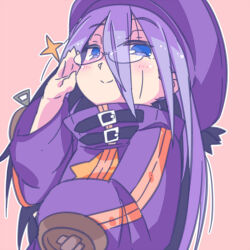  1girl ashi_karekusa bespectacled blue_eyes closed_mouth coat glasses hair_between_eyes half-closed_eyes hand_up hat long_hair long_hair_between_eyes looking_at_viewer outline pink_background purple_coat purple_hair purple_hat sekaiju_no_meikyuu sekaiju_no_meikyuu_3 simple_background smile solo split_mouth star_(symbol) upper_body white_outline zodiac_(sekaiju) zodiac_2_(sekaiju) 