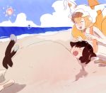  beach blonde_hair brown_hair cat_ears cat_tail chen cirno earrings fang happy jewelry multiple_tails sand tail touhou yakumo_ran 