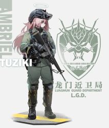  1girl absurdres alternate_costume ambriel_(arknights) arknights artist_name character_name commentary_request food food_in_mouth gas_mask gun halo highres holding holding_gun holding_weapon mask pink_eyes pink_hair pocky pocky_in_mouth solo trigger_discipline tuziki_sang weapon weapon_request 