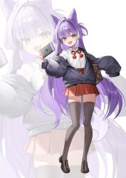  1girl ahoge bag black_jacket black_shoes black_thighhighs blue_eyes brown_bag commentary_request cone_hair_bun double_bun fang fluffy_tail fox_girl fox_tail full_body hair_bun heterochromia hezzu_0 highres holding jacket korean_commentary loafers long_hair looking_at_viewer multicolored_hair open_mouth purple_hair red_skirt school_bag school_uniform shirt shirt_tucked_in shoes simple_background skirt smile solo standing stellive streaked_hair tail tenko_shibuki thigh-highs two-tone_tail very_long_hair virtual_youtuber white_background white_shirt white_streaks zettai_ryouiki zoom_layer 
