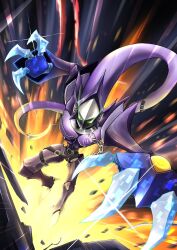  armor attacking_viewer claws digimon digimon_(creature) dowa_d_715 full_body green_eyes highres midair purple_armor snatchmon solo 