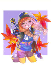  1girl basket blue_shirt bracelet braid brown_eyes cafe_artful commentary cropped_legs freckles glasses grin hayasaka_mebawe holding holding_basket jewelry leaf maple_leaf rance_(series) ribbed_shirt shirt smile solo sword sword_on_back twin_braids weapon weapon_on_back 