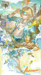  1boy absurdres aircraft aqua-tinted_eyewear aventurine_(honkai:_star_rail) aventurine_(waveflair)_(honkai:_star_rail) bandana_around_arm blonde_hair bottle bracelet character_name cocktail coin eyewear_on_head gold_necklace hawaiian_shirt highres honkai:_star_rail honkai_(series) hot_air_balloon jewelry looking_at_viewer male_swimwear multiple_necklaces multiple_views neck_tattoo necklace official_alternate_costume open_clothes open_shirt out_of_frame pouring qingming_tiaohetu ring shirt solo_focus surfboard surfing tattoo tinted_eyewear white_male_swimwear 