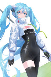  1girl absurdres aqua_eyes aqua_hair asymmetrical_legwear black_bodysuit black_gloves black_thighhighs blush bodysuit breasts closed_mouth commentary_request covered_navel euglena_volvox flag gloves goodsmile_company goodsmile_racing green_gloves hair_between_eyes hair_ornament hatsune_miku highres jacket large_breasts long_hair long_sleeves looking_at_viewer multicolored_gloves racing_miku racing_miku_(2022) simple_background single_thighhigh smile solo thigh-highs twintails two-tone_gloves very_long_hair vocaloid white_background white_jacket 
