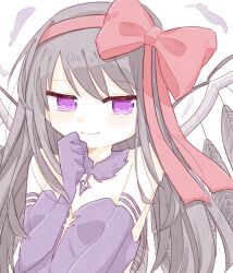  1girl absurdres akemi_homura akuma_homura black_dress black_gloves black_hair bow chico_suke closed_mouth commentary_request dress elbow_gloves feathered_wings gloves hair_bow hair_ribbon highres long_hair looking_at_viewer mahou_shoujo_madoka_magica mahou_shoujo_madoka_magica:_hangyaku_no_monogatari red_bow red_ribbon ribbon smile solo violet_eyes wings 