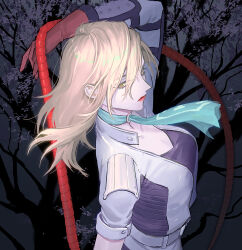  1girl black_background blonde_hair blue_scarf breasts cropped_torso from_above from_side gloves highres hiroko_(megami_tensei) long_hair looking_at_viewer medium_breasts o_c_x red_gloves red_lips scarf serious shin_megami_tensei shin_megami_tensei_ii solo tree whip yellow_eyes 