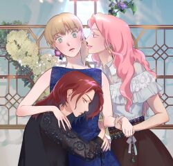  3girls black_shirt blonde_hair blue_dress brown_skirt closed_mouth commentary dress earrings english_commentary expressionless flower flower_earrings frilled_shirt frills frown girl_sandwich green_eyes grin hand_on_another's_shoulder hand_on_another's_wrist hug jewelry let_ink multiple_girls pink_hair pink_lips pixie_cut purple_flower re-blooming red_hair sandwiched see-through_clothes see-through_sleeves shirt short_hair skirt smile very_short_hair white_shirt yellow_eyes yuri 