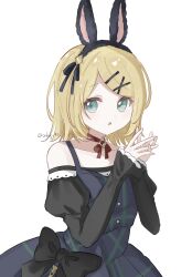  1girl alternate_costume animal_ear_hairband animal_ears aqua_eyes bare_shoulders black_bow black_sleeves blonde_hair blue_dress bow breasts commentary_request detached_sleeves dress dress_bow fake_animal_ears hair_ornament hairband hairclip highres kagamine_rin looking_at_viewer neck_ribbon orkaj_93 own_hands_together parallel_hairclips project_sekai puffy_sleeves rabbit_ear_hairband rabbit_ears red_ribbon ribbon short_hair simple_background sleeveless sleeveless_dress small_breasts upper_body vocaloid white_background 