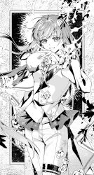  1girl artist_request black_background blazer border buttons cape chinese_commentary collared_shirt commentary_request commission cowboy_shot crossdressing crossdressing_(ftm) dot_nose dress_shirt floating_hair flower frilled_jacket frilled_sleeves frills fur-trimmed_cape fur_trim greyscale happy highres jacket long_hair long_sleeves looking_at_viewer monochrome nikki_(nikki) nikki_(series) nikki_(tuxedo)_(shining_nikki) official_alternate_costume open_mouth outside_border outstretched_hand puffy_long_sleeves puffy_sleeves rose second-party_source shining_nikki shirt side_cape smile solo suit suit_pants tuxedo very_long_hair white_border willow 