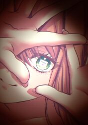  1girl absurdres brown_hair character_name close-up closed_mouth commentary doki_doki_literature_club finger_frame finger_frame_over_eye finger_triangle fingernails green_eyes hair_between_eyes highres looking_at_viewer mi_tarou0412 monika_(doki_doki_literature_club) one_eye_covered smile solo split_mouth symbol_in_eye window_(computing) 