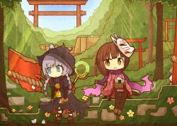  2girls akihiyo animal_on_head bell belt bird bird_on_head black_bridal_gauntlets black_cloak black_socks blue_eyes braid bridal_gauntlets brown_belt brown_hair chibi chibi_only cloak commentary_request curse_maker curse_maker_2 eating floral_print flower food full_body gradient_scarf grass highres holding holding_food hood hood_up hooded_cloak japanese_clothes kimono leg_wrap medallion multiple_girls neck_bell official_alternate_costume on_head onigiri orange_flower parted_lips pink_flower pink_kimono purple_scarf scarf sekaiju_no_meikyuu sekaiju_to_fushigi_no_dungeon shinobi_(sekaiju) shinobi_4_(sekaiju) short_hair sitting socks staff standing tree twin_braids wrist_cuffs yellow_flower 