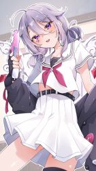  1girl :d absurdres ahoge airenif belt black_belt black_cardigan black_gloves cardigan cardigan_partially_removed commentary fingerless_gloves gloves gun hair_between_eyes hair_flaps hair_rings heart heart_in_eye high-waist_skirt highres holding holding_gun holding_weapon hololive hololive_english jewel_under_eye koseki_bijou koseki_bijou_(serafuku) long_hair_between_eyes looking_at_viewer medium_hair metal_wings miniskirt neckerchief official_alternate_costume official_alternate_hairstyle open_mouth pleated_skirt purple_hair purple_neckerchief sailor_collar school_uniform serafuku shirt short_sleeves skirt smile solo symbol_in_eye teeth untranslatable_commentary upper_teeth_only violet_eyes virtual_youtuber weapon white_sailor_collar white_serafuku white_shirt white_skirt 
