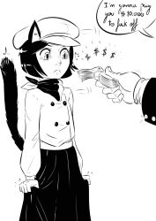  1boy 1girl 8chan :< alunya animal_ears bandana bandana_around_neck bob_cut buttons cat_ears cat_girl cat_tail commentary cowboy_shot dollar_sign double-breasted eltonel english_commentary fat fat_man flat_cap greyscale hat highres holding holding_money holding_own_skirt jacket leftypol lineart long_skirt long_sleeves looking_at_object money monochrome nose out_of_frame porky_(leftypol) pov pov_hands short_hair simple_background skirt solo_focus stiff_tail suit_jacket tail tearing_up third-party_source two-tone_bandana v-shaped_eyebrows white_background 