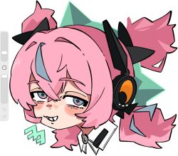  1girl aqua_streaks aria_(human)_(zenless_zone_zero) aria_(zenless_zone_zero) commentary detached_collar green_halo halo highres looking_at_viewer multicolored_hair pink_hair portrait quad_tails simple_background smile solo streaked_hair teeth uracata white_background zenless_zone_zero 