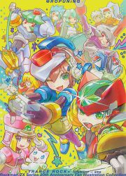  4boys 4girls aile_(mega_man_zx) biometal blonde_hair blue_eyes blue_helmet brown_hair commentary_request forehead_jewel girouette_(mega_man) green_eyes green_hair grey_(mega_man) helmet henshin highres holding holding_sword holding_weapon long_hair mega_man_(series) mega_man_zx model_w_(mega_man) model_x_(mega_man) model_z_(mega_man) model_zx_(mega_man) multiple_boys multiple_girls one_eye_closed pandora_(mega_man) prairie_(mega_man) prometheus_(mega_man) red_eyes red_helmet ropuning short_hair solo_focus sword transformation weapon 