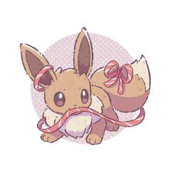  :3 border bright_pupils brown_eyes ci_spl closed_mouth eevee lowres mouth_hold no_humans outside_border pokemon pokemon_(creature) pokemon_focus polka_dot polka_dot_background purple_background red_ribbon ribbon round_border smile solo striped_ribbon tail tail_ornament tail_ribbon white_border white_pupils 