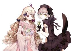  2girls black_bow black_gloves blonde_hair bow butter_run closed_mouth commentary_request dress eyepatch flower frilled_dress frills gloves grey_hair hair_ornament hat highres holding holding_flower long_hair magical_girl mahou_shoujo_ikusei_keikaku mahou_shoujo_ikusei_keikaku_restart multiple_girls nurse_cap pfle pink_bow purple_bow red_eyes shadowgale short_hair smile white_background white_flower wide_sleeves x_hair_ornament yellow_bow yellow_eyes 