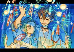  1boy 1girl bamboo bamboo_branch blush commentary earrings floral_print green_eyes green_hair hand_fan hanoyuta highres holding holding_fan hyuuga_natsuhiko japanese_clothes jewelry jibaku_shounen_hanako-kun kimono long_sleeves milky_way nanamine_sakura night obi open_mouth sash sky smile star_(sky) starry_sky tanabata untranslatable_commentary yukata 