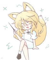  1girl 216 :d alternate_hair_length_(longer) animal_ear_fluff animal_ears artist_name bespectacled black_shoes blonde_hair commentary crossed_legs deformed division_sign foot_out_of_frame fox_ears fox_girl fox_tail glasses green_ribbon hair_between_eyes hand_up holding holding_pointer invisible_chair kudamaki_tsukasa long_hair long_sidelocks looking_at_viewer math neck_ribbon no_nose no_pupils open_mouth plus_sign pointer puffy_short_sleeves puffy_sleeves red-framed_eyewear ribbon romper shoes short_sleeves sidelocks sigma_symbol signature simple_background sitting smile socks solo split_mouth tail teacher touhou white_background white_romper white_socks yellow_eyes 