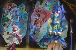  2girls amou_kanade bare_shoulders bell-bottoms blue_dress braid braided_ponytail breasts collar commentary detached_collar dress elbow_gloves english_commentary floating_hair flower gloves hair_ears hair_flower hair_ornament high_collar high_side_ponytail highres holding holding_microphone kazanari_fudou kazanari_genjuurou kazanari_yatsuhiro large_breasts long_hair maria_cadenzavna_eve microphone millaarc multiple_girls pants pants_under_dress pink_collar planted planted_sword senki_zesshou_symphogear short_dress side_ponytail sidelocks single_braid sleeveless sleeveless_dress small_breasts stained_glass standing sword very_long_hair visqi weapon white_dress 