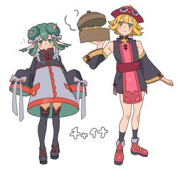  2girls amitie_(puyopuyo) bamboo_steamer black_dress black_shirt black_shoes black_sleeves black_socks black_thighhighs blonde_hair boots bow chinese_clothes closed_mouth commentary_request crop_top detached_sleeves double_bun dress flying_sweatdrops full_body green_eyes green_hair grey_bow grey_dress hair_bow hair_bun hand_up hat highres holding holding_bamboo_steamer horns koo0t_tocc lidelle_(puyopuyo) long_sleeves mandarin_collar medium_hair multiple_girls pointy_ears puyo_(puyopuyo) puyopuyo qingdai_guanmao red_boots red_hat red_sash red_tabard sash shirt shoes short_dress short_hair simple_background sleeves_past_fingers sleeves_past_wrists smile socks standing steam steaming_food tabard thigh-highs white_background wide_sleeves yellow_horns 