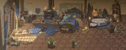  alarm_clock barrel bathtub bathtub_tray bedroom blue_scarf blue_theme book book_stack bookshelf bottle bouquet brick_wall candle candlestand chair chinese_commentary clock commentary_request crystal_ball curtains desk dragon_print emblem faucet fireplace flower folding_screen globe hanxiaodan highres impasto indoors inkwell lantern letter lovebrush_chronicles map_(object) muntins mushroom no_humans official_art open_book paper photo_(object) pillow pitcher_plant plant potted_plant purple_flower quill rocking_chair rug scarf scenery scroll scrubber shelf sink soap_bottle stool suitcase sunlight tile_floor tiles towel unworn_scarf vase window window_shadow yellow_flower 