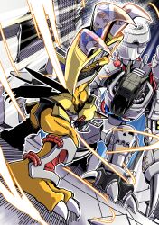  absurdres claw_(weapon) digimon digimon_(creature) digimon_adventure dragon eikenkobayashi highres mugendramon non-humanoid_robot reflection robot robot_dragon shoulder_cannon standing wargreymon weapon yagami_hikari yagami_taichi 