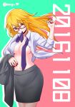  1girl between_breasts blonde_hair breasts glasses long_hair necktie necktie_between_breasts niconico rummy_73 senko_(urashimasakatasen) senra_(singer) shirt simple_background urashimasakatasen utaite_(singer) yellow_eyes 