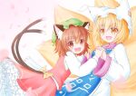  2girls :d animal_ears blonde_hair blush breasts brown_hair chen dress fox_ears fox_tail from_side gold_trim hat looking_at_viewer medium_breasts mob_cap multiple_girls multiple_tails nekomata open_mouth petals pillow_hat pink_background red_skirt red_vest short_hair skirt smile tabard tail touhou two_tails uru_(uru0301) vest white_dress yakumo_ran yellow_eyes 