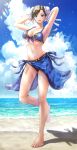  1girl absurdres adapted_costume barefoot beach bikini blue_bikini blue_sarong blue_sky brown_eyes brown_hair bun_cover chun-li clouds commentary_request day double_bun full_body highres horizon looking_at_viewer ocean outdoors sarong shadow sky solo standing standing_on_one_leg street_fighter swimsuit wajuniorbox 