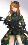  1girl assault_rifle beret blue_eyes brown_hair camouflage closed_mouth cowboy_shot detached_sleeves dog_tags eyebrows_visible_through_hair gazelle-barn gun h&amp;k_g36 h&amp;k_g36c hat highres idolmaster idolmaster_million_live! idolmaster_million_live!_theater_days long_hair military military_uniform rifle shorts solo thighs tokoro_megumi trigger_discipline twitter_username uniform weapon white_background 