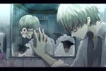  1boy absurdres bathroom blue_eyes different_reflection glasses hair_over_eyes halnaga_oyogu hand_on_mirror hand_up highres indoors labcoat letterboxed male_focus mirror original reflection sheep short_hair teeth 