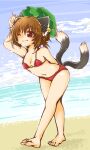  1girl ;) animal_ears arm_behind_back barefoot beach bikini breasts brown_hair cat_ears cat_tail chen clouds day dutch_angle full_body hanabi_(karintou15) hand_up hat horizon jewelry leaning_forward mob_cap multiple_tails nekomata one_eye_closed outdoors red_eyes short_hair single_earring small_breasts smile solo swimsuit tail touhou two_tails water 