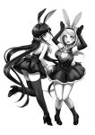  2girls akamatsu_kaede animal_ears armpits ass blush bow bowtie breasts commentary_request dangan_ronpa_(series) dangan_ronpa_v3:_killing_harmony dress_shirt elbow_gloves fake_animal_ears floating_hair full_body gloves hair_ornament hairband harukawa_maki high_heels highres large_breasts leg_up long_hair looking_at_viewer miniskirt monochrome multiple_girls necktie open_mouth rabbit_ears sako shirt simple_background skirt sleeveless sleeveless_shirt thigh-highs twintails very_long_hair white_background wrist_cuffs 