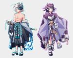  2boys :d ahoge android bangs bell black_hair blue_eyes cheer_(cheerkitty14) clothing_request collarbone dangan_ronpa_(series) dangan_ronpa_v3:_killing_harmony english_commentary fang full_body grey_background grey_hair horns japanese_clothes keebo kimono looking_at_viewer male_focus mask mask_on_head multiple_boys off_shoulder one_eye_closed one_eye_covered open_mouth ouma_kokichi shirtless short_hair simple_background sketch smile standing sword violet_eyes weapon wide_sleeves 