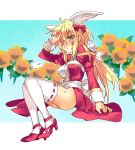  1girl =3 arutopian bangs blonde_hair blue_eyes blush bow breasts commentary_request cross dress eyebrows_visible_through_hair flower full_body hair_between_eyes hair_bow head_wings high_heels high_priest_(ragnarok_online) invisible_chair juliet_sleeves long_hair long_sleeves looking_afar medium_breasts one_eye_closed open_mouth ponytail puffy_sleeves ragnarok_online red_bow red_dress red_footwear ribbon-trimmed_sleeves ribbon_trim sash sitting solo sunflower sweat thigh-highs two-tone_dress white_bow white_dress white_legwear white_sash white_wings wings yellow_flower 