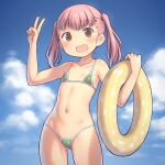  1girl :d aaaa_(quad-a) ass_visible_through_thighs bangs bikini blue_sky child clouds day eyebrows_visible_through_hair flat_chest green_bikini hand_up highres looking_at_viewer micro_bikini navel open_mouth original pink_hair round_teeth short_hair sky smile solo standing swimsuit teeth twintails upper_teeth v 